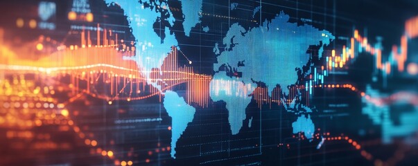 Fototapeta premium A Digital World Map with Overlaid Stock Market Charts
