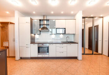 Scandinavian Style Cozy Modern Open Bright Kitchen Home Interior. Faucet, Fridge, Microwave, Stove, Oven, Cooker Hood and Furniture in Background.