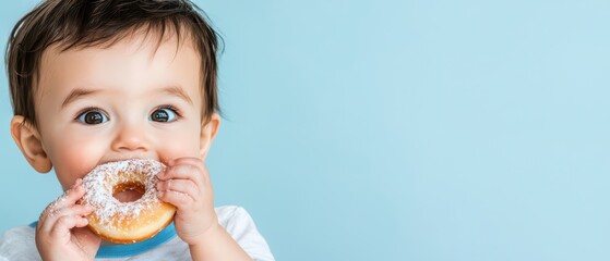 Cute baby enjoying a donut with sprinkles against a light blue background.