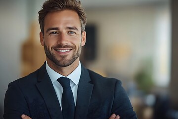 Smiling Confident Businessman in Suit, Portrait with Blurred Background