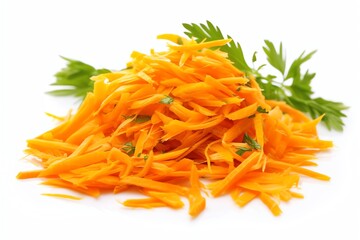 Fototapeta premium A pile of fresh, shredded carrots with parsley garnish on a white background.