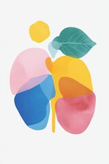 A colorful abstract painting of a flower with a leaf and a heart. The painting is full of bright colors and has a whimsical, playful feel to it