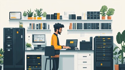 Simple flat design of man working in server room, with white background and space for banner or website