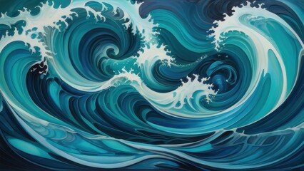 Fototapeta premium A mesmerizing abstract painting of ocean waves, showcasing vibrant blues and dynamic movement, perfect for evoking a tranquil seaside atmosphere in any space