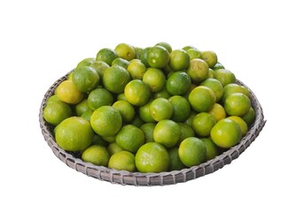 Image of many lemons in a bamboo container called a kadok on a white background for further use in cutting out the background and using it in various projects.