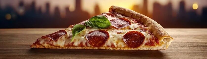 Delicious pepperoni pizza slice on wooden table with herbs and blurred cityscape background.