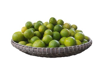 Image of many lemons in a bamboo container called a kadok on a white background for further use in cutting out the background and using it in various projects.