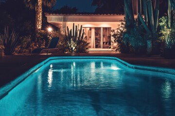 A large vintage private swimming pool seen at night with height and perspective.. the swimming pool is lit by underwater spotlights. Chiaroscuro and retro atmosphere.