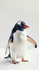 Obraz premium A charming gentoo penguin standing on a snowy surface with soft snowflakes falling in a tranquil winter setting