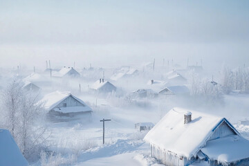 Fototapeta premium Snow-covered village in a winter landscape at dawn
