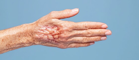 Fototapeta premium Elderly hand showing age and texture against a blue background.