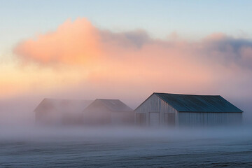 Foggy sunrise over rural farm buildings in early morning