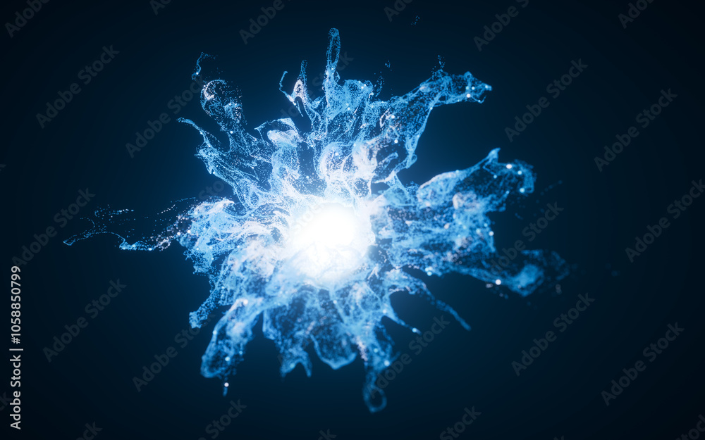 Wall mural blue flowing particles with explosive wave effect, 3d rendering.