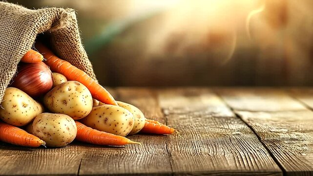 A close-up of a rustic sack overflowing with organic potatoes, carrots, and onions spilling onto a textured wooden surface