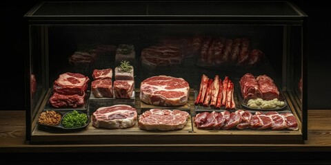 Showcasing sculpted raw pork, the display highlights the texture of the meat. This butchers selection features Chinese BBQ pork, with pork ribs elegantly arranged for aesthetic appeal.