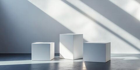 Fototapeta premium Three white cubes are positioned on the floor, illuminated by spotlights that cast shadows, creating a minimalist interior design suitable for product display in 3D render.