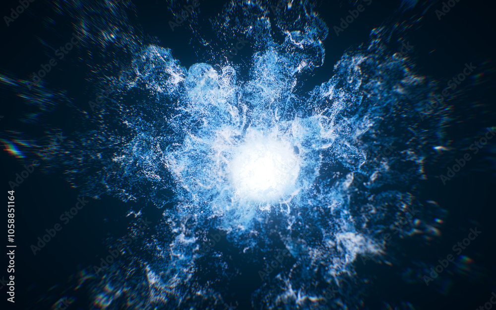 Wall mural blue flowing particles with explosive wave effect, 3d rendering.