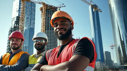 A diverse construction team, including architects and mechanical engineers, posing together at a high-rise building site