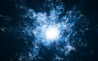 Blue flowing particles with explosive wave effect, 3d rendering.