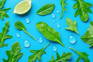Fresh green leaves and lime on vibrant blue background, droplets of water creating a refreshing ambiance.