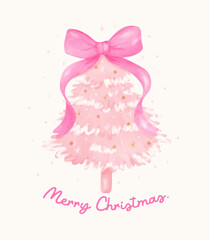 Pink Coquette Christmas tree with ribbon bows Pastel watercolor hand painting