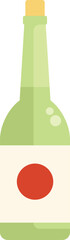 Green bottle of japanese sake is standing up, with a cork in the top and a white label with a red circle on it