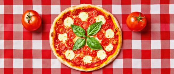 Fresh Margherita pizza with tomatoes and basil on a red checkered tablecloth.