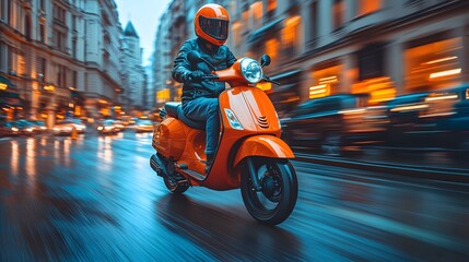 Fast delivery concept, courier on motorbike, city background, express service