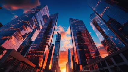 Glassy skyscrapers reflect colorful sunset skies, showcasing futuristic city architecture