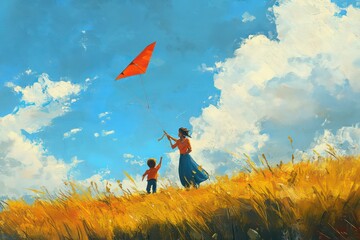 A mother and son flying a kite in a sunny field. 