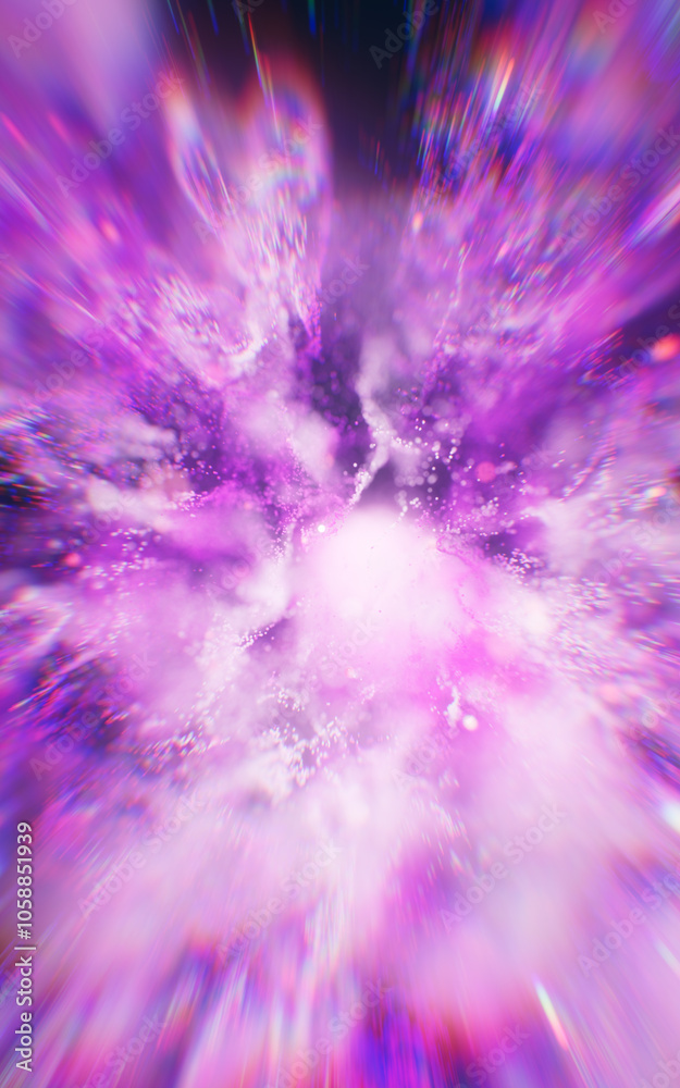 Wall mural purple flowing particles with explosive wave effect, 3d rendering.