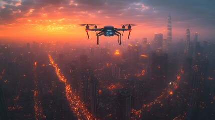 Package delivery by drone, futuristic logistics, smart city concept