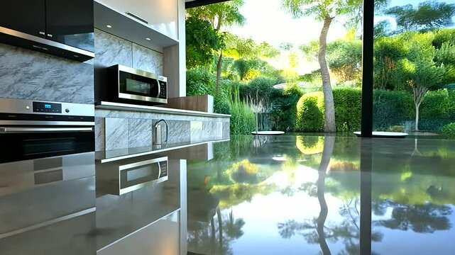 A large, polished marble bench stretches across the foreground of a modern, bright kitchen