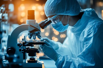 researcher using microscope analyse cell in medical lab, Generative AI
