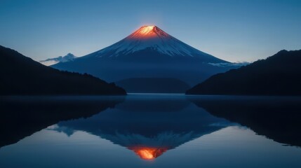 Fototapeta premium Majestic view of Mount Fuji during sunrise reflecting in serene lake waters.