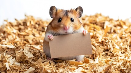 Obraz premium Tiny Hamster Holding Blank Cardboard Sign on Wood Shavings Background
