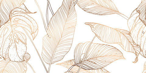 Palm leaves, gold, white template, artistic covers design, colorful texture, modern backgrounds. Minim pattern, graphic brochure. 