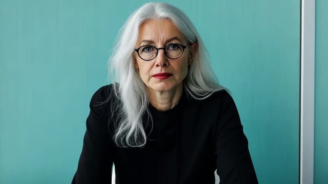 A woman with long gray hair and glasses sits at a table. She is wearing a black shirt and she is looking at the camera. The room is decorated with blue walls and white curtains