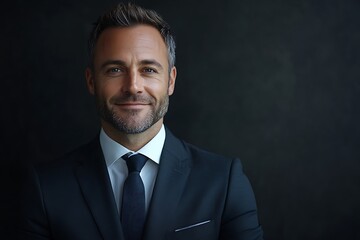 Smiling Mature Businessman in Suit and Tie Against Black Background