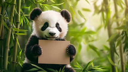 Obraz premium Adorable Baby Panda Sitting in Bamboo Forest Holding Blank Cardboard Sign