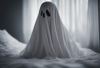 White scary ghost figure draped in white sheets with hollow black eyes Spooky Halloween atmosphere