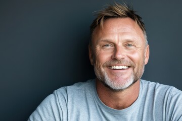 Obraz premium A middle-aged man, with a warm and genuine smile, exudes kindness and approachability against a simple, dark backdrop.