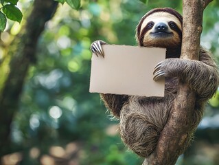 Fototapeta premium Sleepy Sloth Hanging from Tree Branch Holding Blank Cardboard Sign