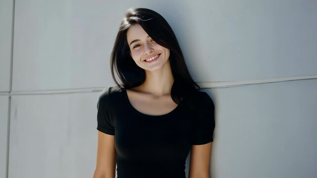 A woman in a black shirt is smiling and posing for a picture. Concept of happiness and confidence