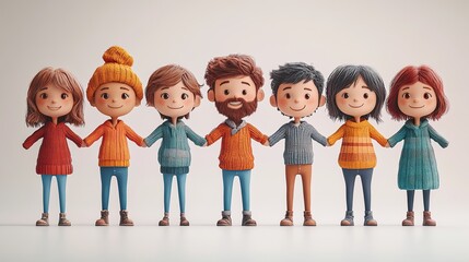 Ten cartoon people stand in circle, holding onto each other's shoulders, creating sense of unity and connection