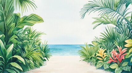 Fototapeta premium Tropical beach entrance with vibrant plants and a serene ocean view.