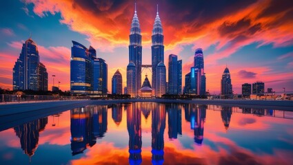 Fototapeta premium Skyline view with tall buildings and vivid sunset reflections in the river.
