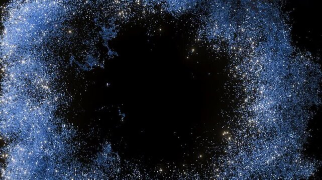 Blue heart shape explosion with Blue shiny particles like a smok on a black and dark background. Holiday background. 3D Animation footage. 