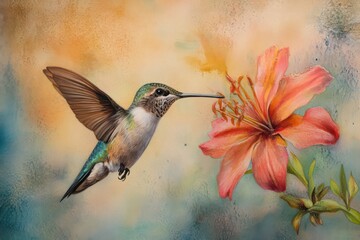 Naklejka premium Agile hummingbird sipping nectar from a flower. 