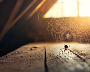 A spider weaving an intricate web in the corner of an old dusty attic with its legs moving swiftly across the silk threads